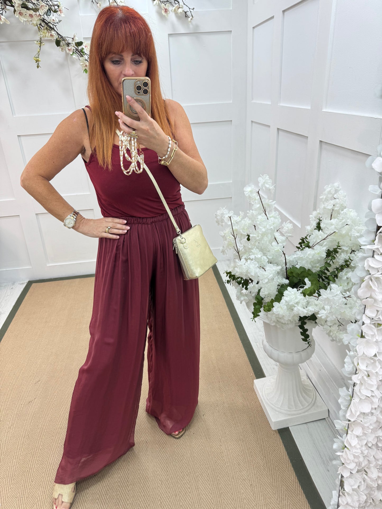 Venice: Burgundy silk wide leg trousers. One size: 12-20