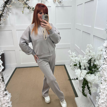 Ginny: Taupe bomber jacket & trouser set. Sizes: 8-14