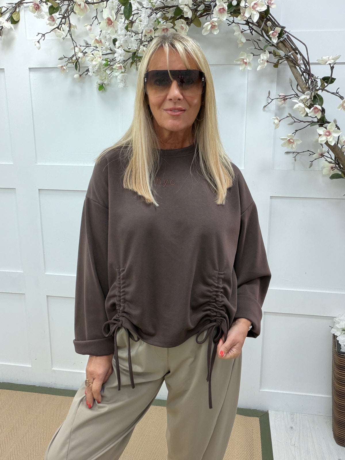 Nancy: NYC ruched sweatshirt. One size: 10-16. 3 colours