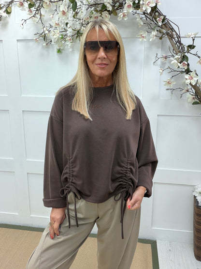 Nancy: NYC ruched sweatshirt. One size: 10-16. 3 colours