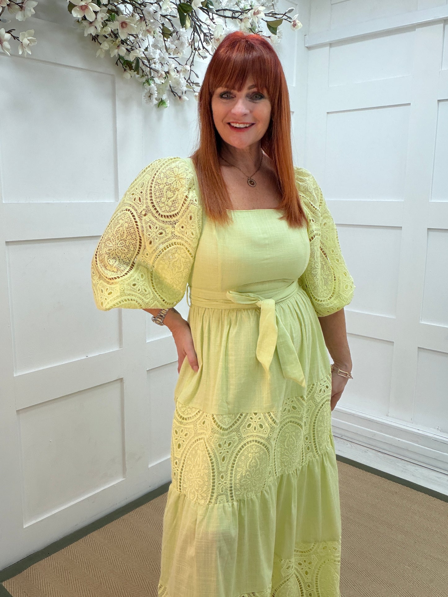 Belle: Apple green cotton Broderie Anglaise maxi dress. 3 sizes