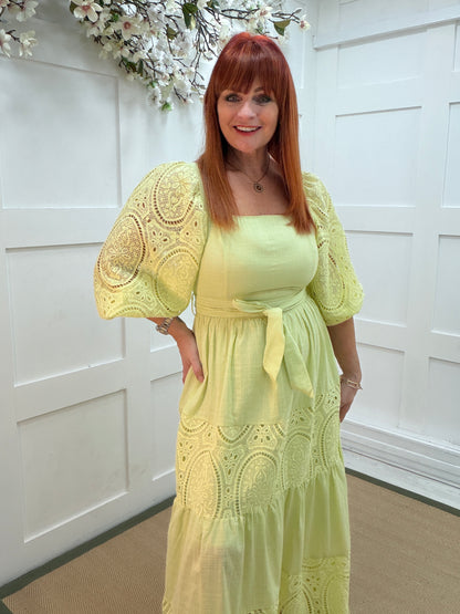 Belle: Apple green cotton Broderie Anglaise maxi dress. 3 sizes