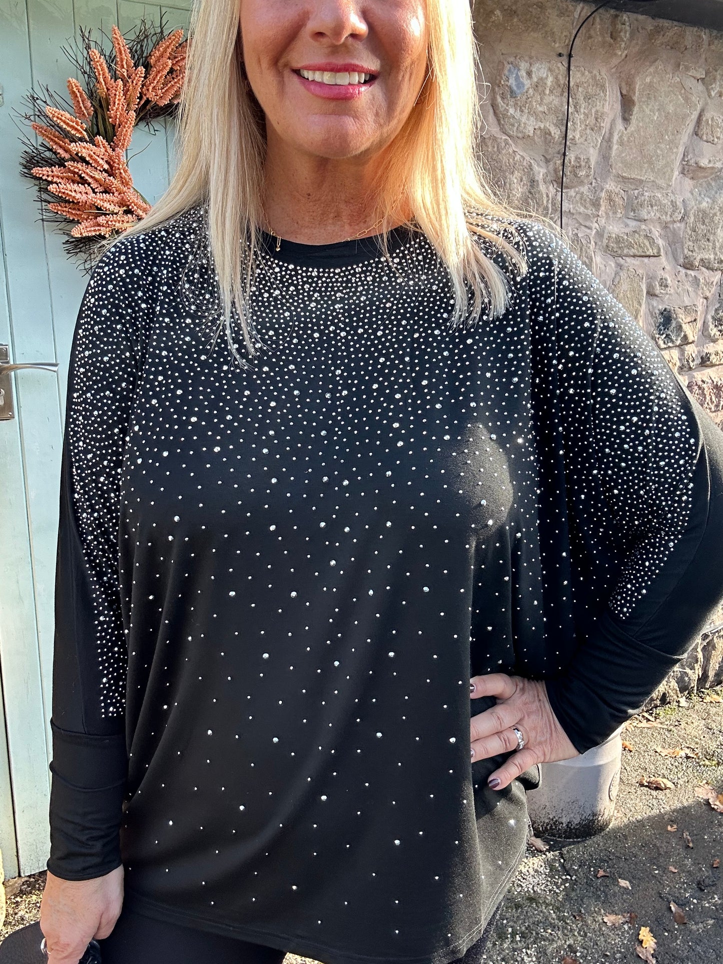 Chrissy: Black & diamanté long sleeve top. One size: 14-22