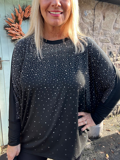Chrissy: Black & diamanté long sleeve top. One size: 14-22