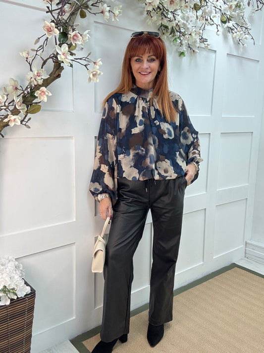 Holly: Navy & cream print high neck top. One size: 10-16
