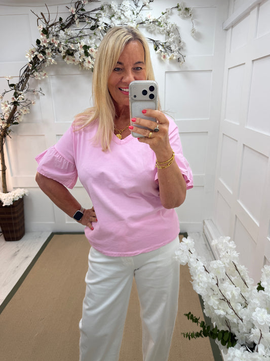 Riley: Ruffle short sleeve V neck top. One size 12-18. 4 colours