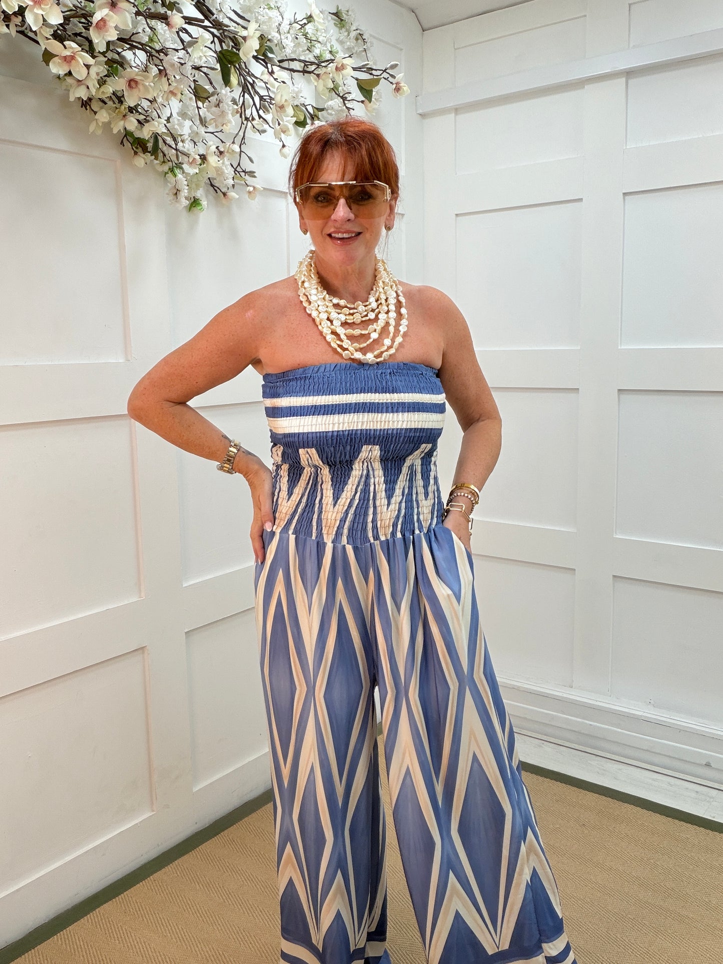 Jodie: Geometric print bandeau wide leg jumpsuit. One size: 10-16. 2 colours