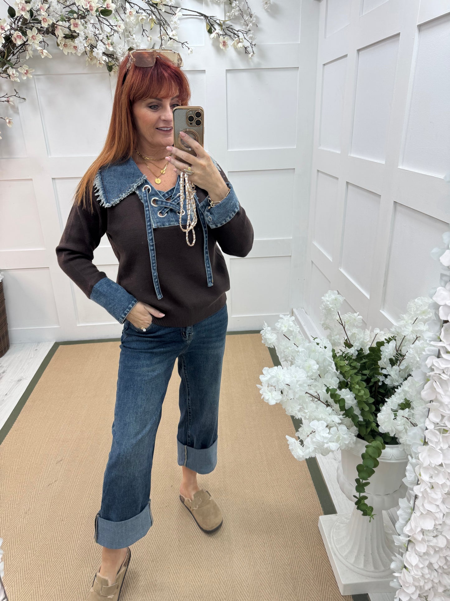 Malin: Brown denim collar long sleeve top. One size: 12-18
