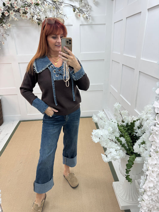 Malin: Brown denim collar long sleeve top. One size: 12-18