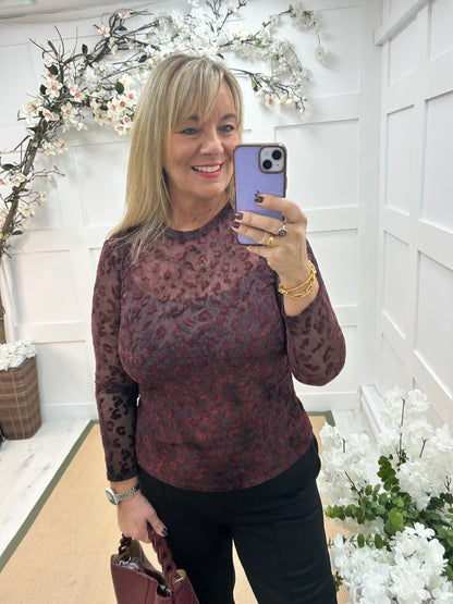 Rhianna: Burgundy velvet leopard print mesh top. One Sz: 10-16