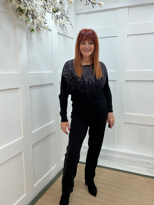 Arabella: Black diamanté long sleeve top. One size: 12-16