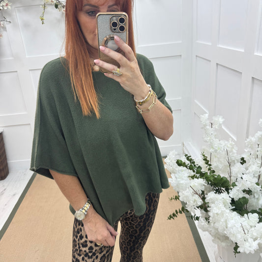 Carys: Khaki short knitted top. One size: 12-18