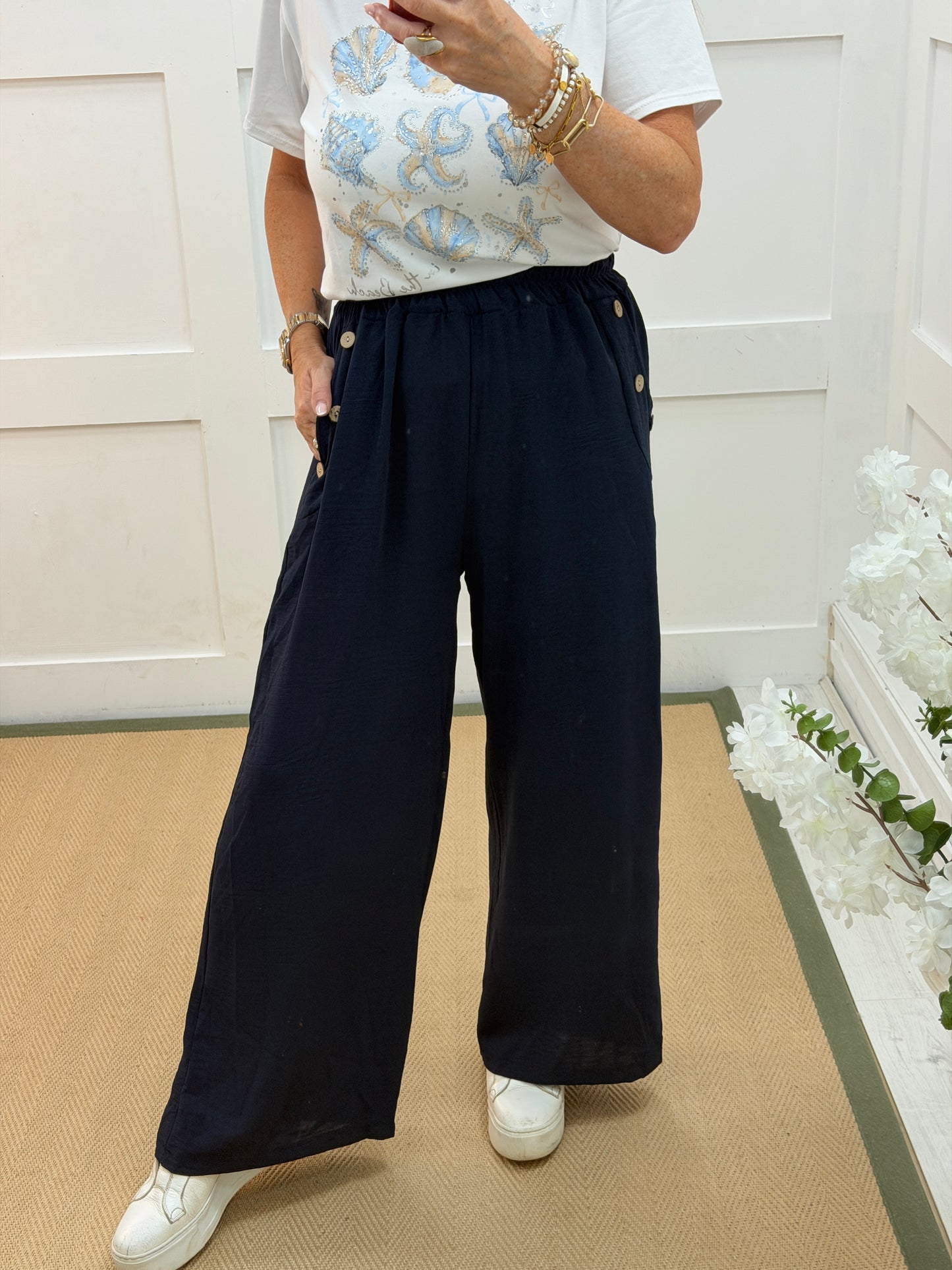Bethany: Buttoned wide leg trousers with pockets. One size: 10-16. 2 colours