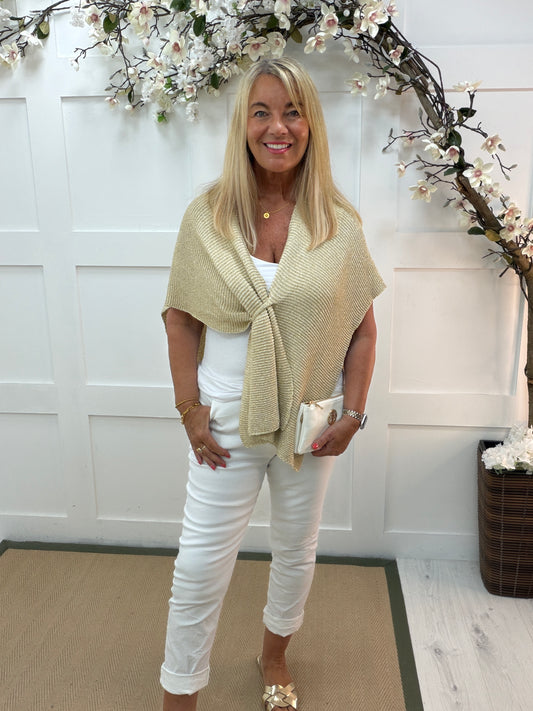 Gina: Gold stretchy lurex wrap top. Free size