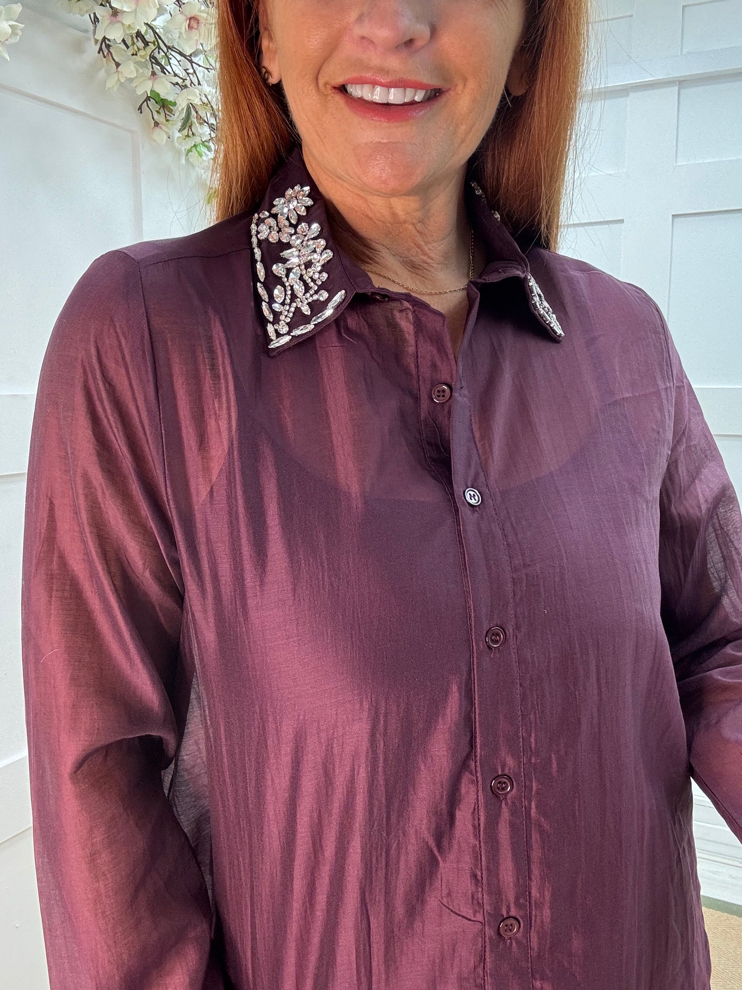 Azira: Burgundy rhinestone collar sheer shirt. One size: 10-16