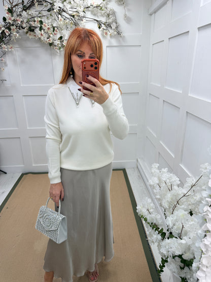 Kassia: Cream diamanté collar fine knit top. One size: 12-16