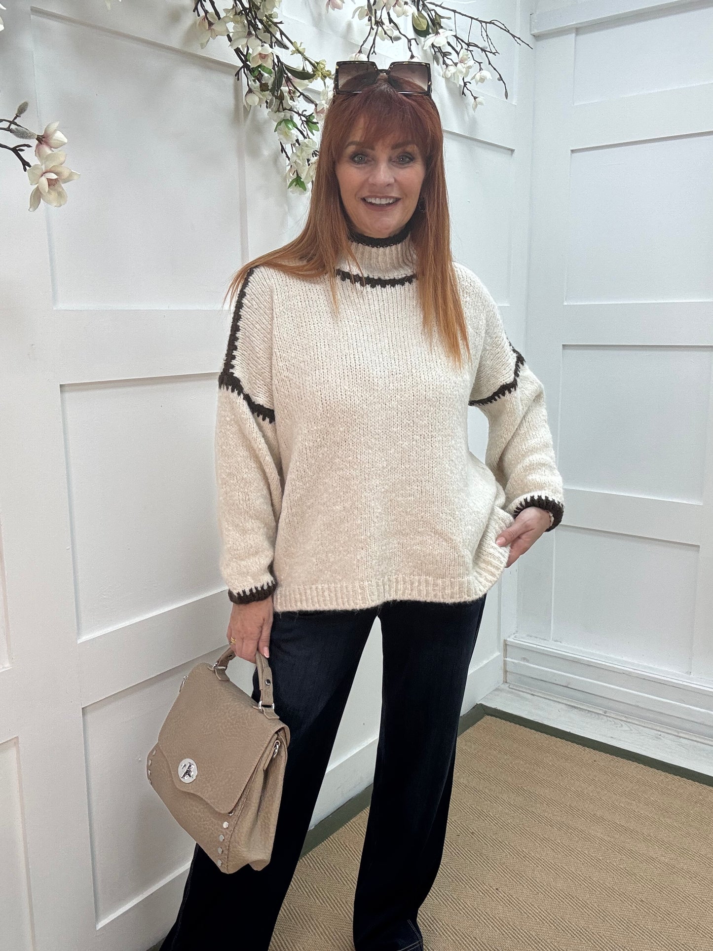 Sonia: Cream & brown slouchy jumper. One size 14-18