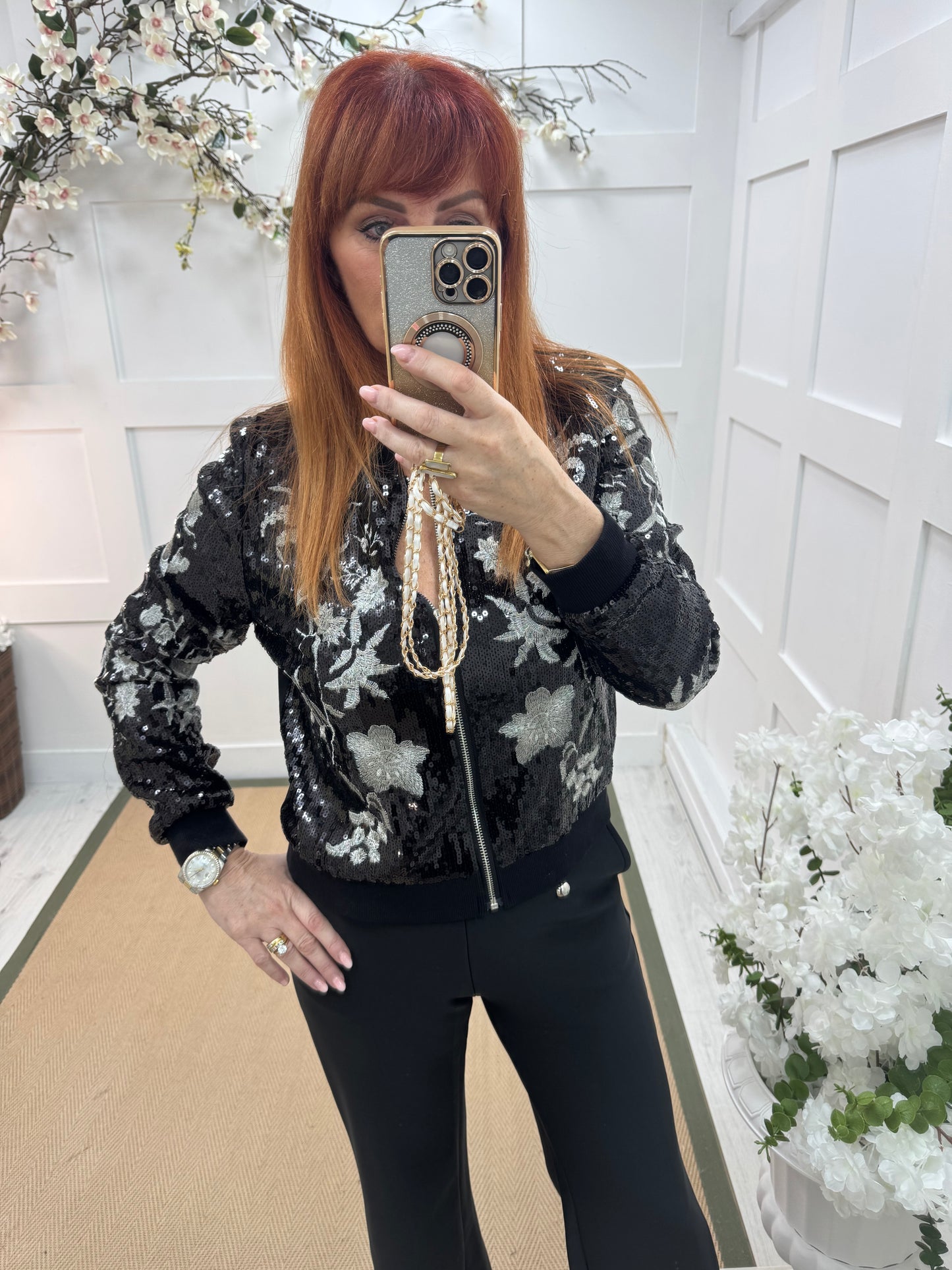 Shelley: Black & silver sequin bomber jacket. 2 sizes