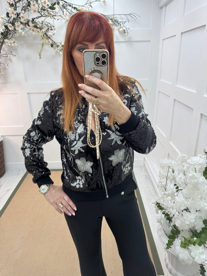 Shelley: Black & silver sequin bomber jacket. 2 sizes