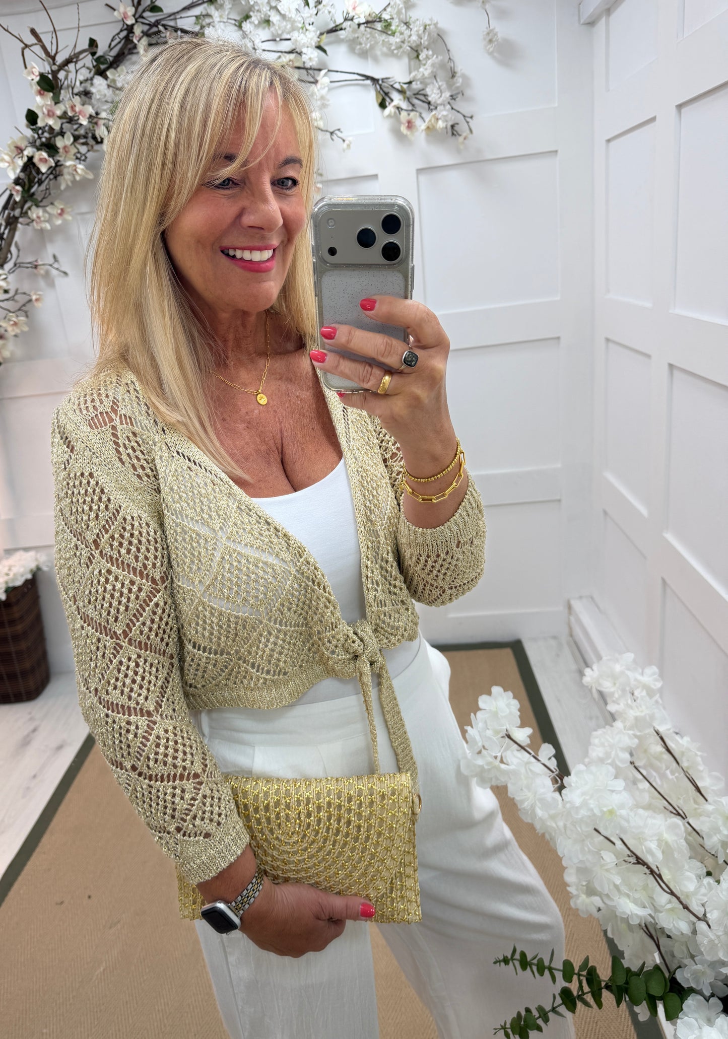 Selena: Gold short tie front crochet shrug. One size: 10-16