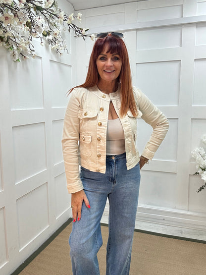 Margot: Stone military button denim jacket. Sizes: 10-16