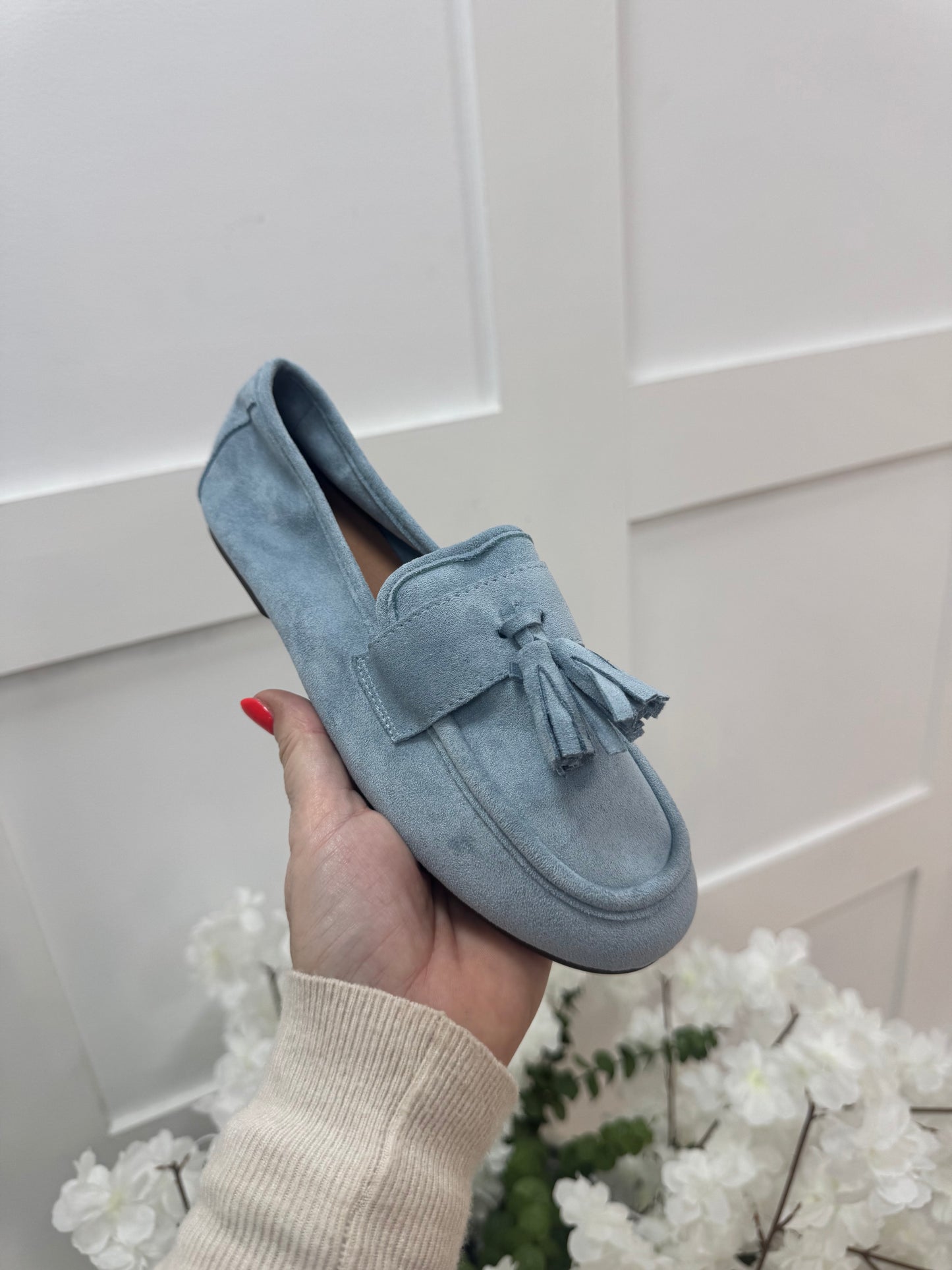 Lula: Powder blue suedette loafer. Sizes: 3-8