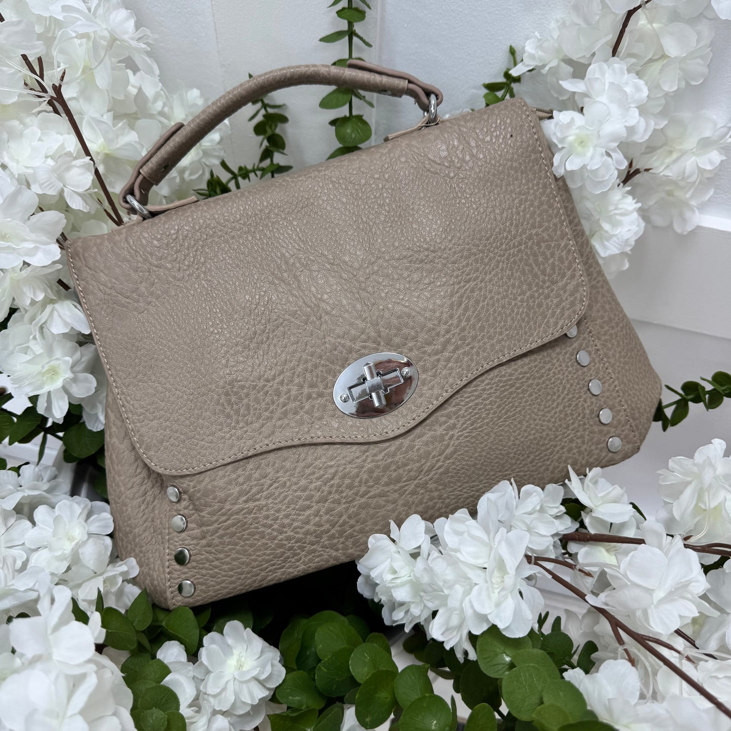 Flora: Large taupe studded grab bag