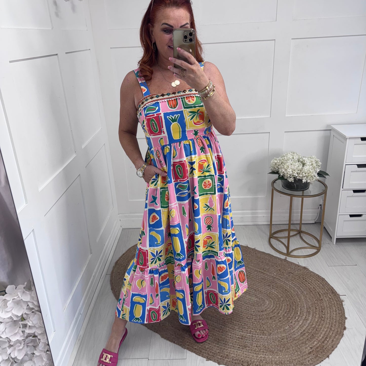 Amelia: Fruit print & embroidered pocket dress. 3 sizes
