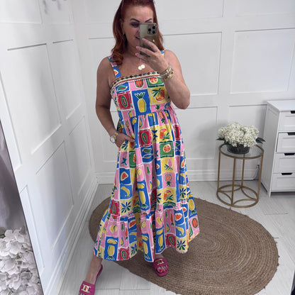 Amelia: Fruit print & embroidered pocket dress. 3 sizes