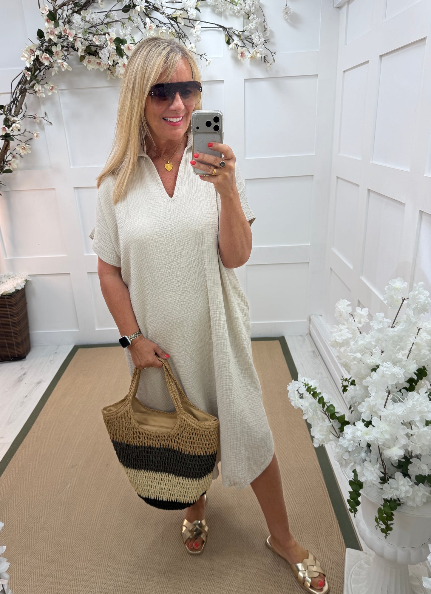 Shannon: Cheesecloth V neck midi dress with pockets. One size: 14-18. 3 colours