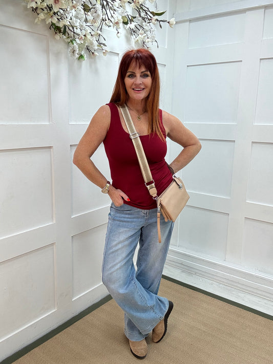 Abigail: Stretchy basic burgundy vest top. 2 sizes