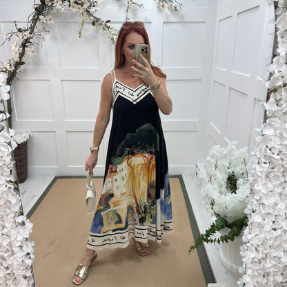 Ariana: Black Amalfi print maxi dress. One size: 12-16
