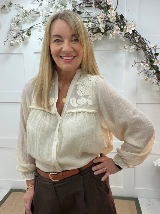 Esme: Cream bohemian embroidered blouse. 2 sizes