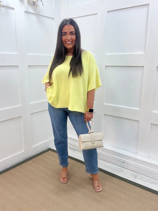 Carrie: Lemon short knitted top. One size: 12-18/20