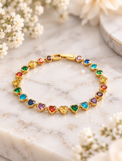 Verona: 18K gold multicoloured heart tennis bracelet
