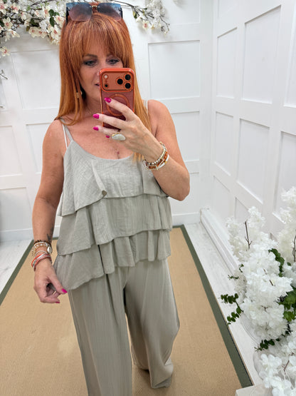 Reagan: Ruffle top and wide leg trouser co ord set. One size: 10-16. 5 colours