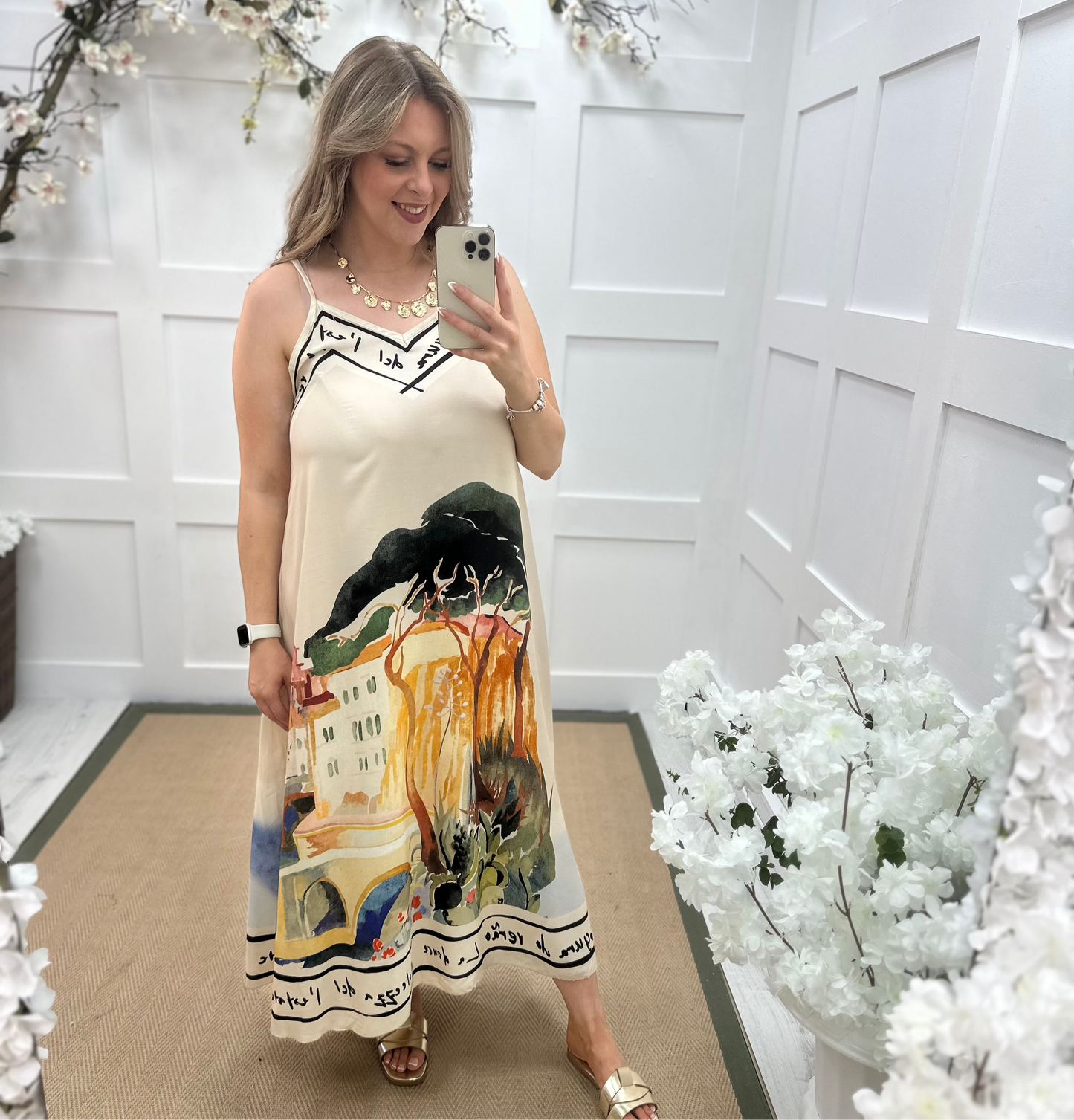 Ariana: Cream Amalfi print maxi dress. One size: 12-16