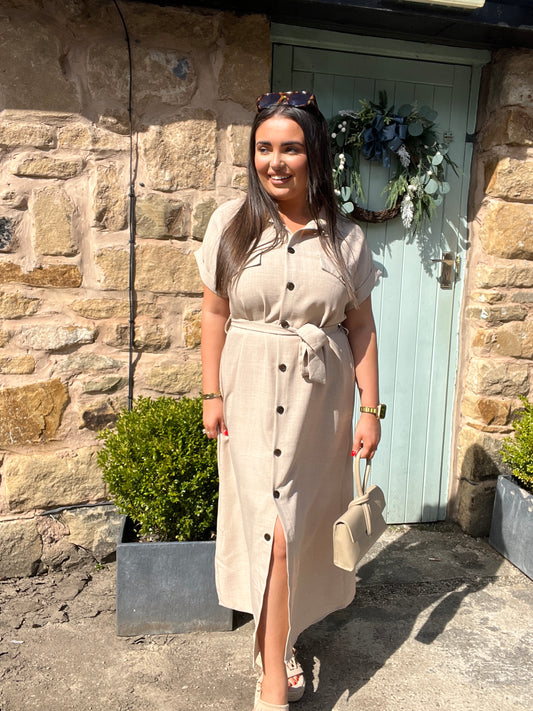 Della: Beige collared utility shirt dress. 2 sizes.