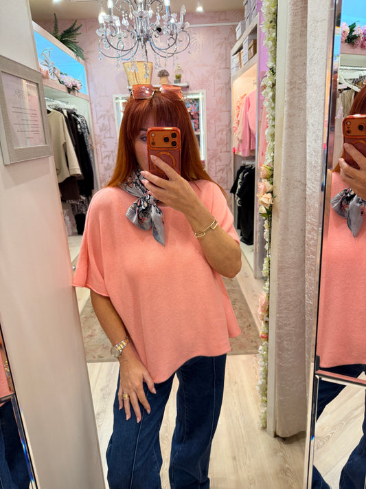Carrie: Candy pink short knitted top. One size: 12-18/20