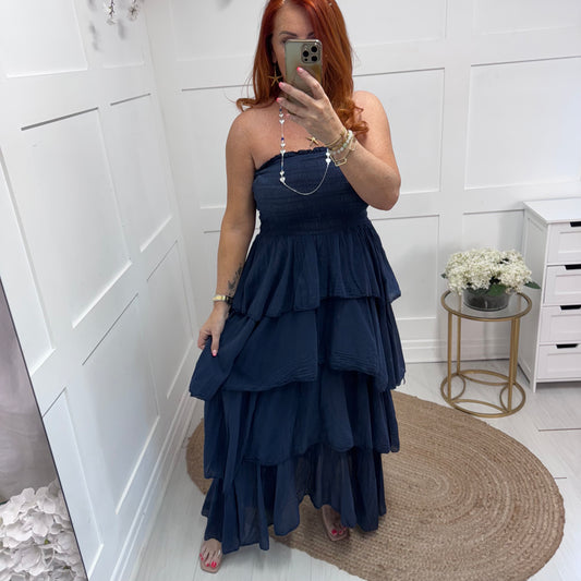 Kellie: Navy boobtube cotton rara dress. One size: 10-18