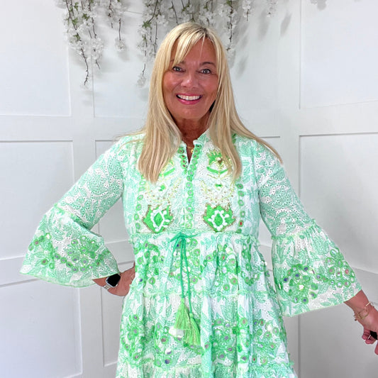 Skylar: Neon green short embroidered sequin dress. One size: 12-18