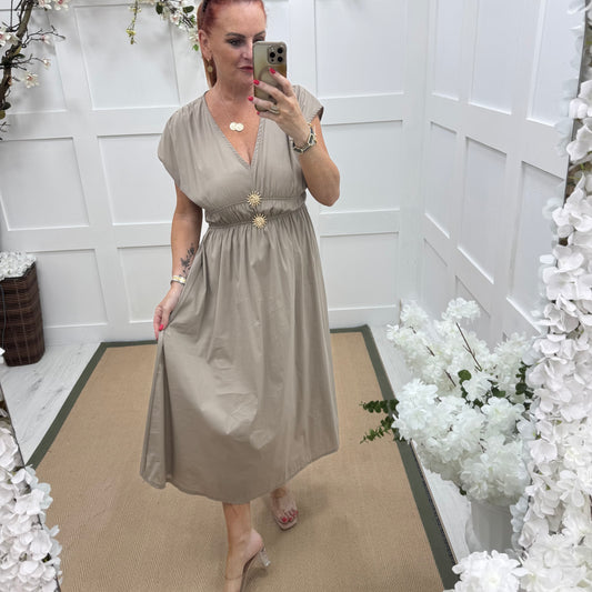 Darby: Stone V neck midi dress with gold sun buttons. One size: 10-16
