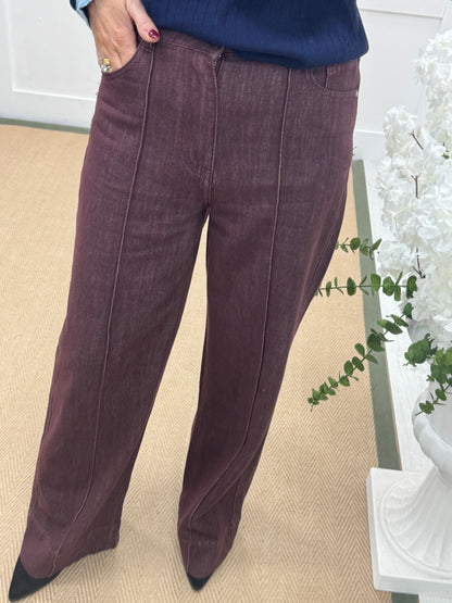 Benita: Burgundy high waist wide leg jeans. Sizes: 6-14