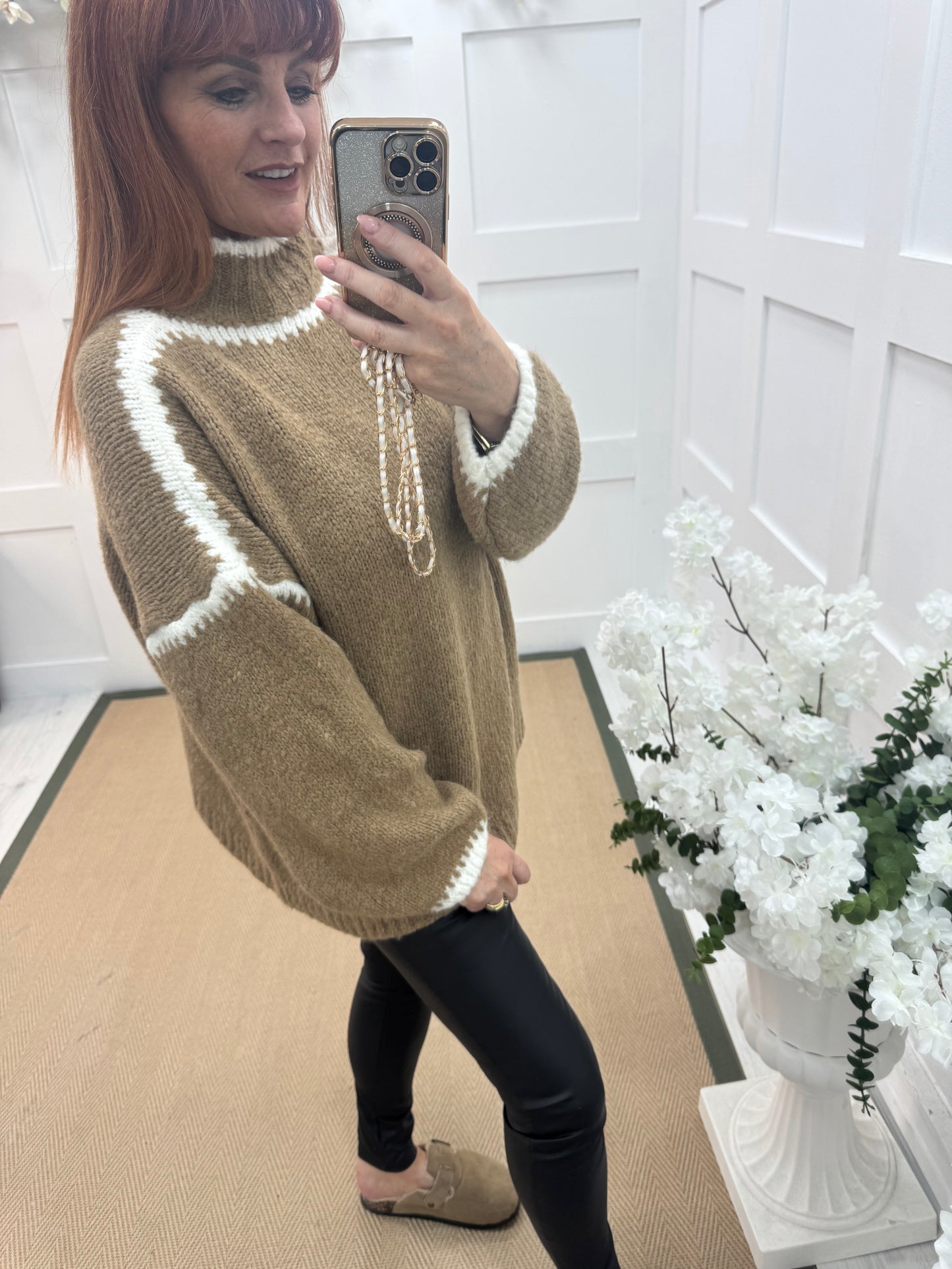 Sonia: Sand & white slouchy jumper. One size 14-18