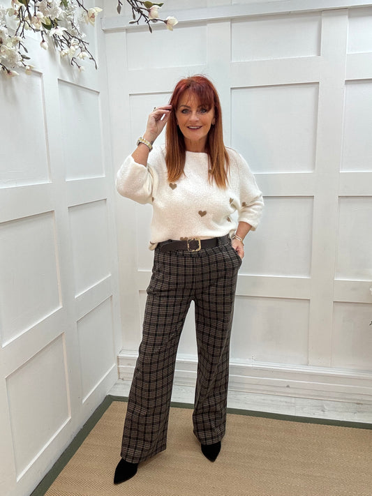 Sofia: Black and cream check trousers. One size 10-14