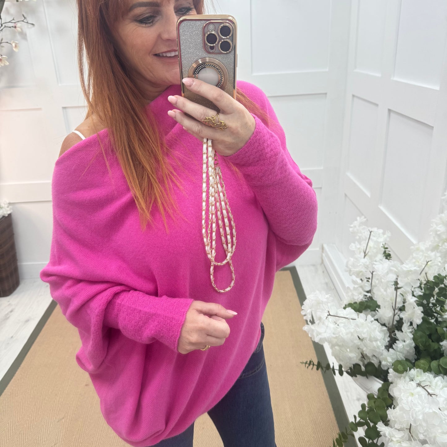 Erica: Fuchsia pink asymmetrical slouch soft knit top. One size 10-18