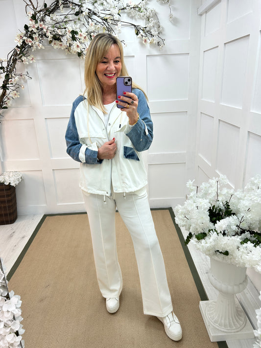 Piper: White contrast denim hooded jacket. 2 sizes.