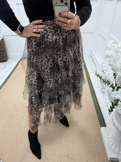 Teagan: Leopard print tulle layered maxi skirt. One size: 12-18