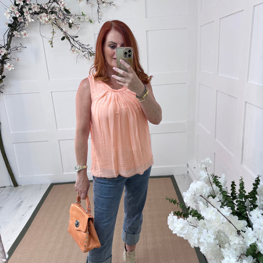 Jenna: Peach silk sleeveless top. One size 10-18