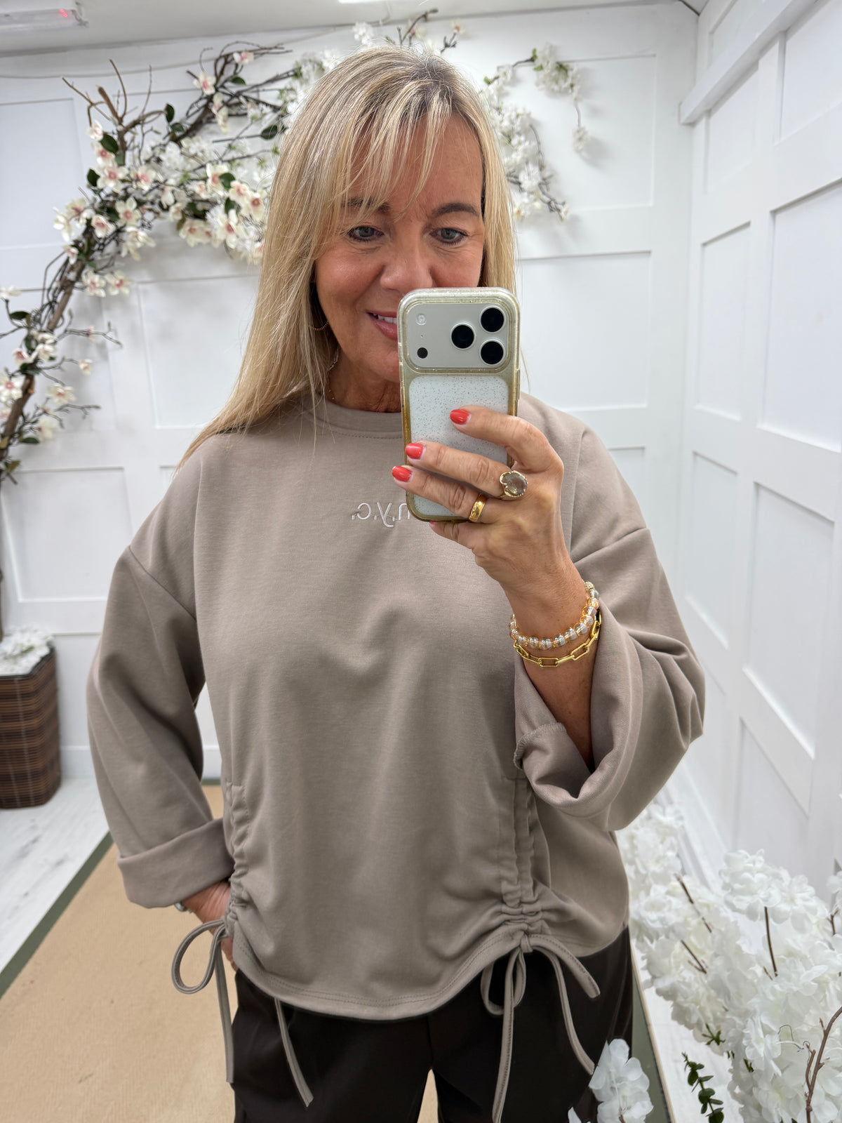 Nancy: NYC ruched sweatshirt. One size: 10-16. 3 colours